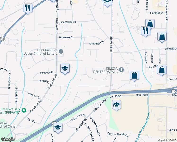 map of restaurants, bars, coffee shops, grocery stores, and more near 4142 Browning Chase Drive in Tucker