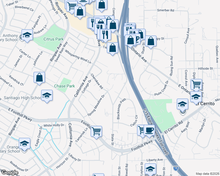 map of restaurants, bars, coffee shops, grocery stores, and more near 1607 Cherokee Road in Corona
