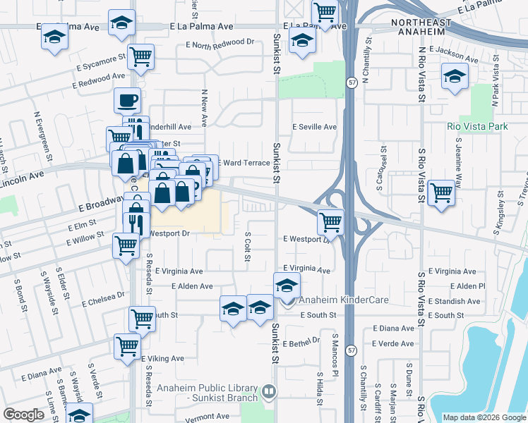 map of restaurants, bars, coffee shops, grocery stores, and more near 2424 East Lincoln Avenue in Anaheim