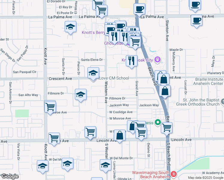 map of restaurants, bars, coffee shops, grocery stores, and more near 8520 Western Avenue in Buena Park