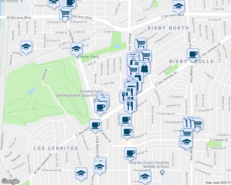 map of restaurants, bars, coffee shops, grocery stores, and more near 4461 Linden Avenue in Long Beach
