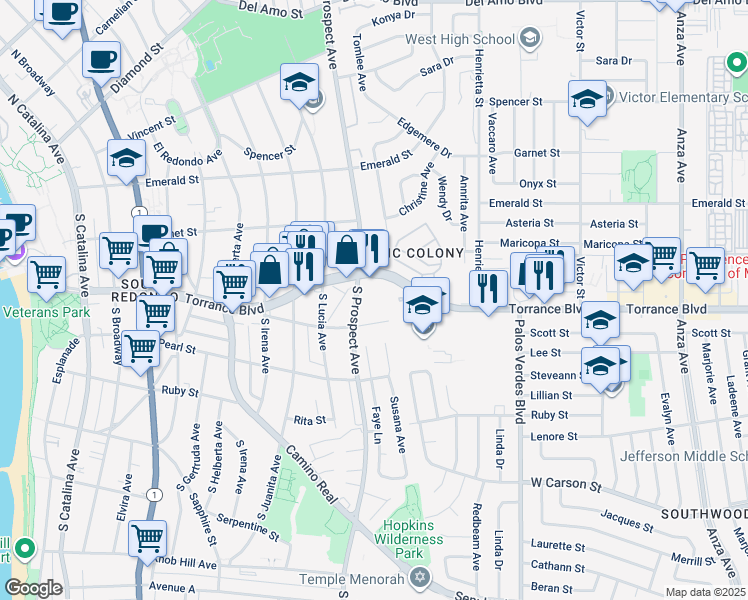 map of restaurants, bars, coffee shops, grocery stores, and more near 1010 Torrance Boulevard in Redondo Beach