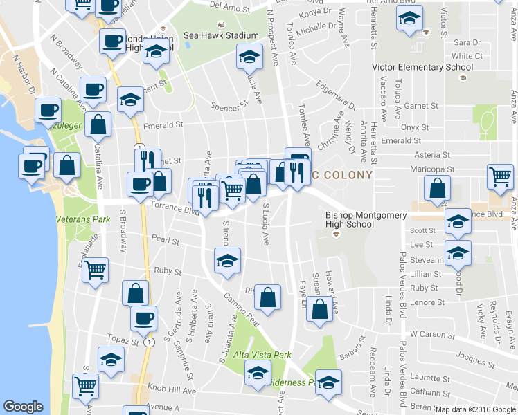 map of restaurants, bars, coffee shops, grocery stores, and more near 851 Torrance Boulevard in Redondo Beach