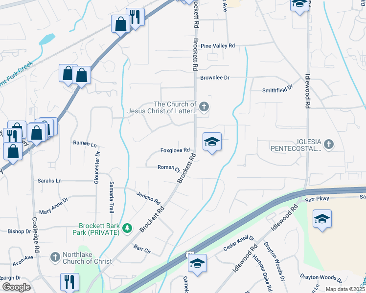 map of restaurants, bars, coffee shops, grocery stores, and more near 4014 Foxglove Road in Tucker