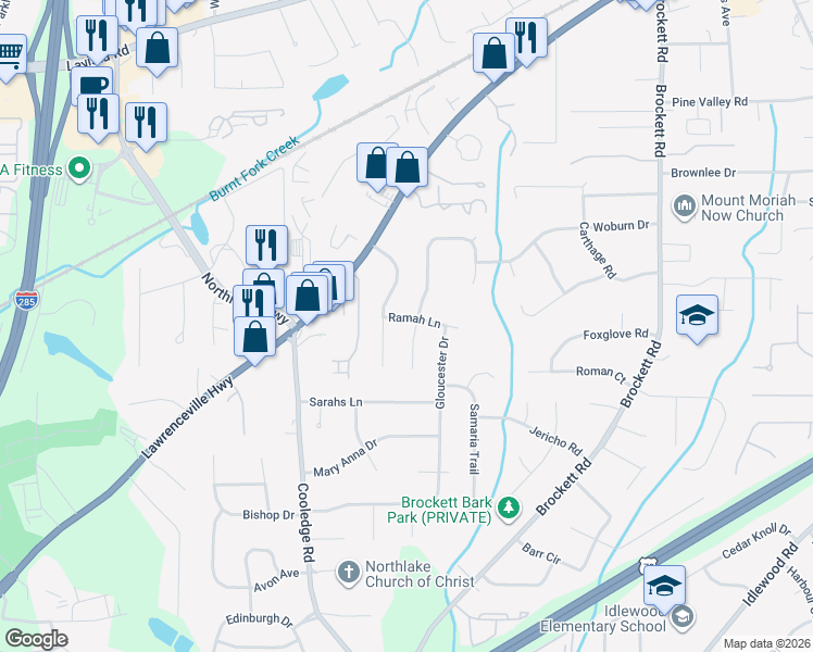 map of restaurants, bars, coffee shops, grocery stores, and more near 3816 Ramah Lane in Tucker