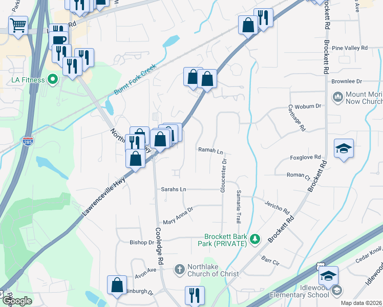map of restaurants, bars, coffee shops, grocery stores, and more near 1878 Hebron Hills Drive in Tucker
