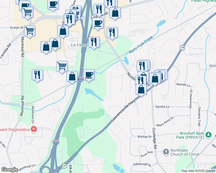 map of restaurants, bars, coffee shops, grocery stores, and more near 1896 Cameo Court in Tucker