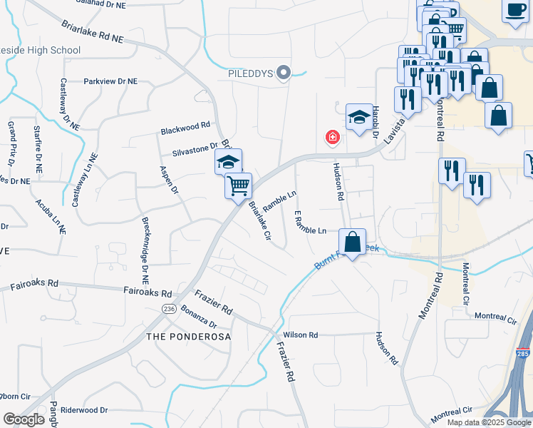 map of restaurants, bars, coffee shops, grocery stores, and more near 1865 Briarlake Circle in Decatur