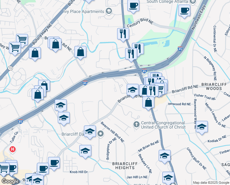 map of restaurants, bars, coffee shops, grocery stores, and more near 7108 Saint Clair Drive Northeast in Atlanta