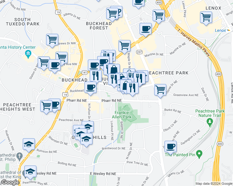 map of restaurants, bars, coffee shops, grocery stores, and more near 442 East Paces Ferry Road Northeast in Atlanta