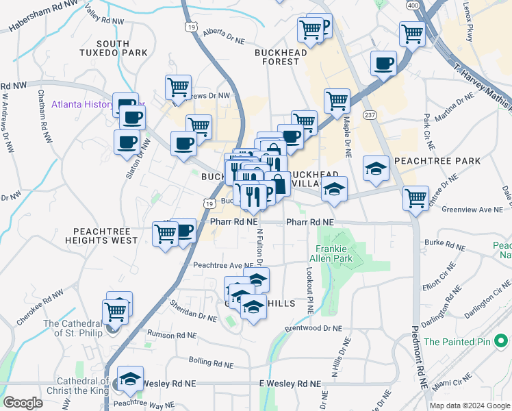 map of restaurants, bars, coffee shops, grocery stores, and more near 250 Pharr Road Northeast in Atlanta