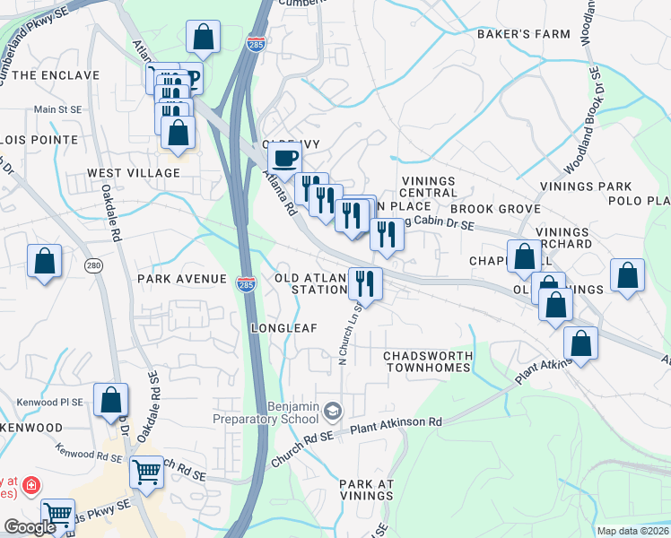 map of restaurants, bars, coffee shops, grocery stores, and more near 3907 Old Atlanta Station Drive in Atlanta