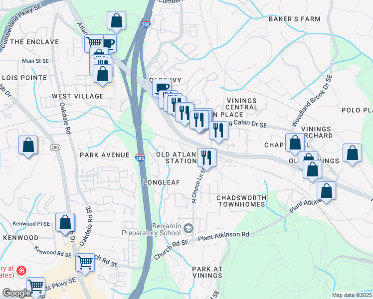 map of restaurants, bars, coffee shops, grocery stores, and more near 3901 Old Atlanta Station Drive in Atlanta