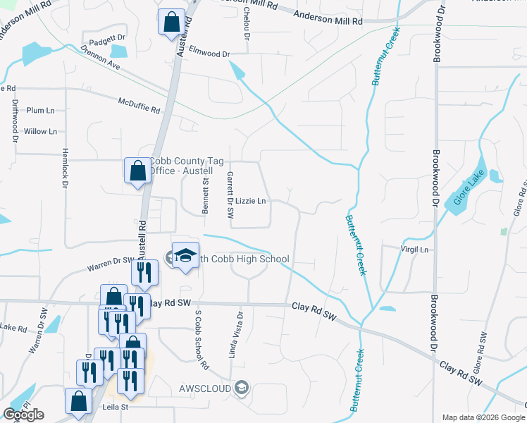 map of restaurants, bars, coffee shops, grocery stores, and more near 1688 Virginia Circle in Mableton
