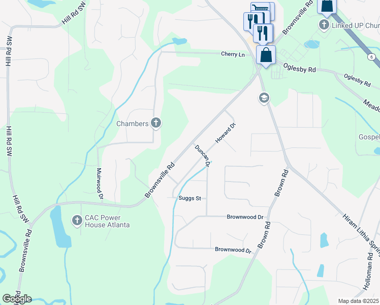 map of restaurants, bars, coffee shops, grocery stores, and more near 4781 Brownsville Road in Powder Springs