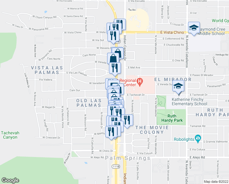map of restaurants, bars, coffee shops, grocery stores, and more near 1115 North Palm Canyon Drive in Palm Springs