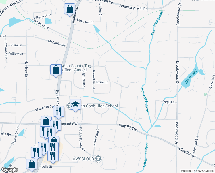 map of restaurants, bars, coffee shops, grocery stores, and more near 1688 Virginia Circle in Mableton