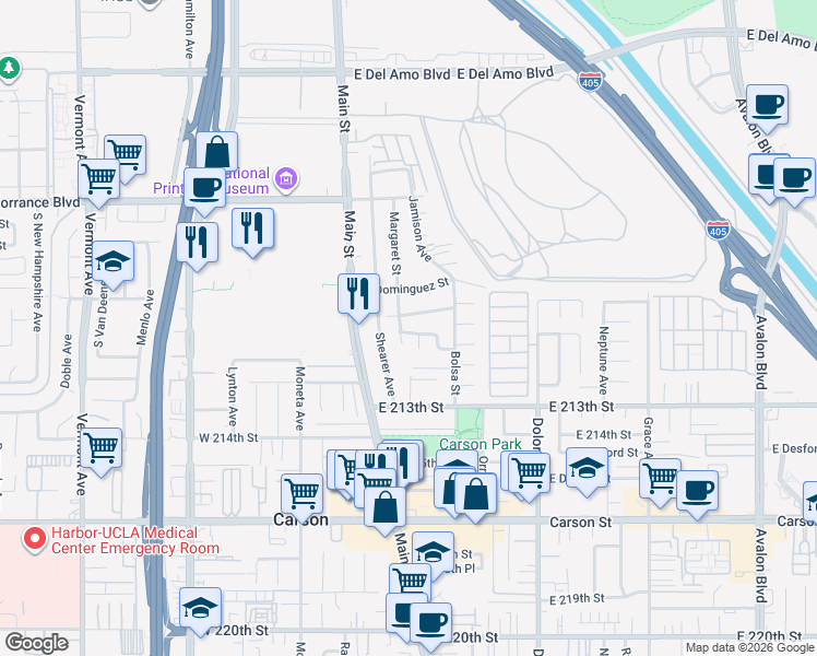 map of restaurants, bars, coffee shops, grocery stores, and more near 149 East 211th Street in Carson