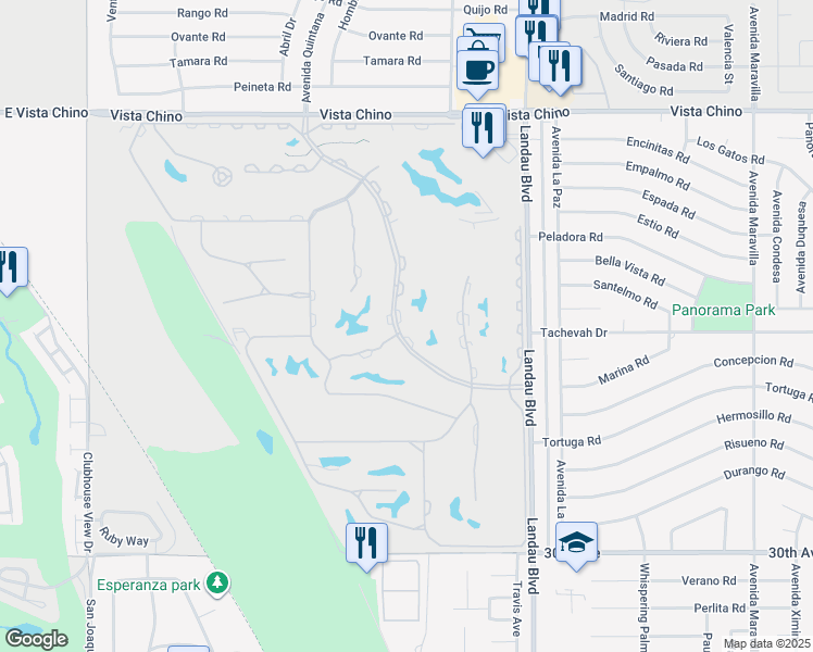 map of restaurants, bars, coffee shops, grocery stores, and more near 28924 Desert Princess Drive in Cathedral City