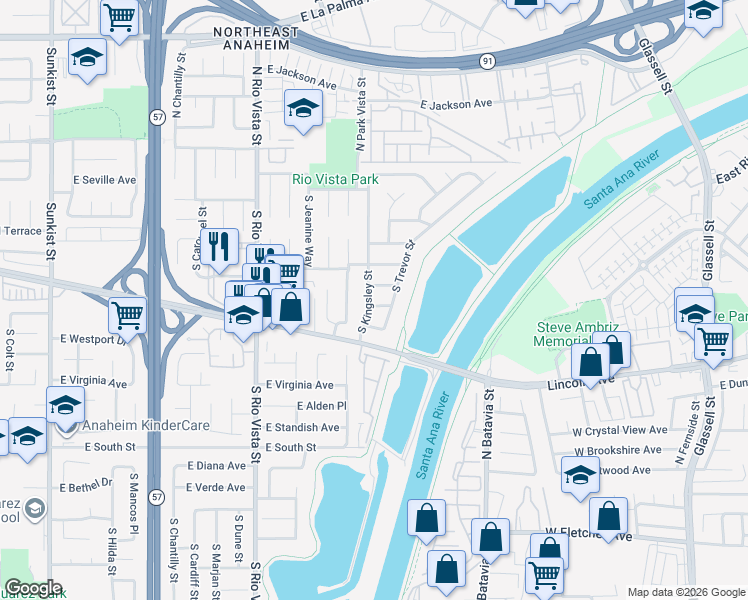 map of restaurants, bars, coffee shops, grocery stores, and more near 2903 East Bellamy Avenue in Anaheim