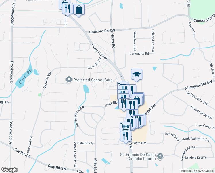 map of restaurants, bars, coffee shops, grocery stores, and more near 4730 Floyd Road Southwest in Mableton