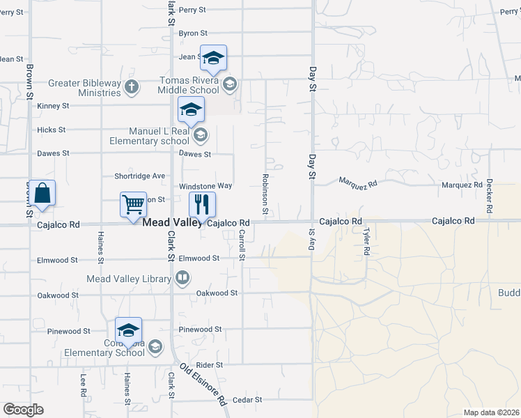map of restaurants, bars, coffee shops, grocery stores, and more near 21820 Cajalco Road in Perris