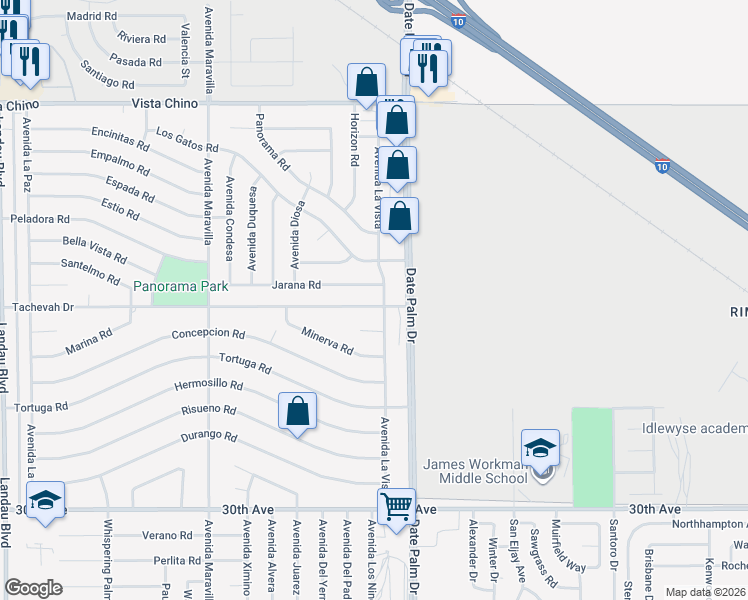 map of restaurants, bars, coffee shops, grocery stores, and more near 68885 Jarana Road in Cathedral City