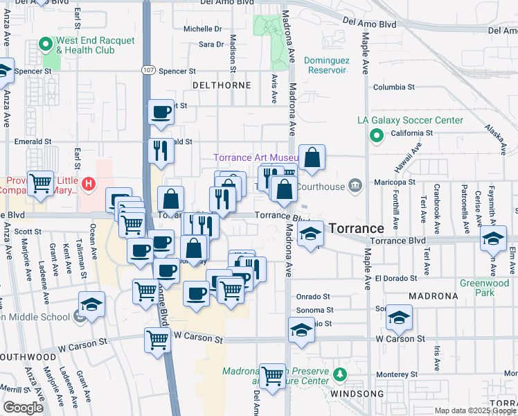 map of restaurants, bars, coffee shops, grocery stores, and more near 3450 Maricopa Street in Torrance