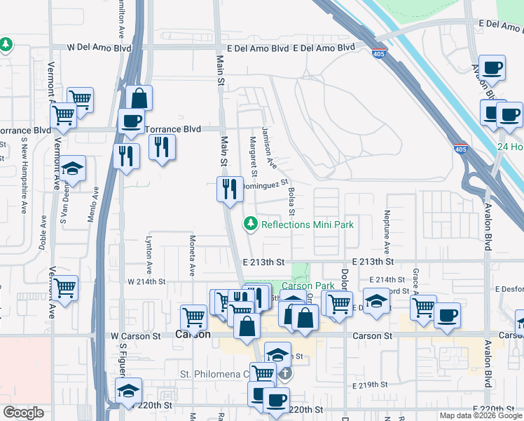 map of restaurants, bars, coffee shops, grocery stores, and more near 149 East 211th Street in Carson