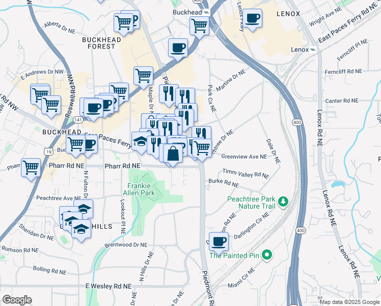 map of restaurants, bars, coffee shops, grocery stores, and more near 3040 Piedmont Road Northeast in Atlanta