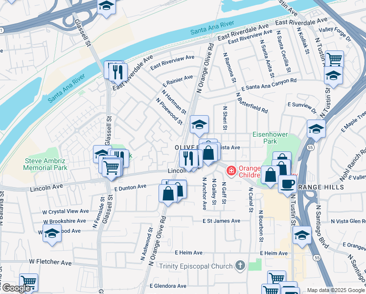map of restaurants, bars, coffee shops, grocery stores, and more near 8641 North Orange Olive Road in Orange