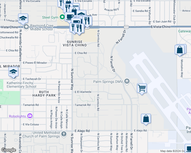 map of restaurants, bars, coffee shops, grocery stores, and more near 2061 Paseo Pelota in Palm Springs