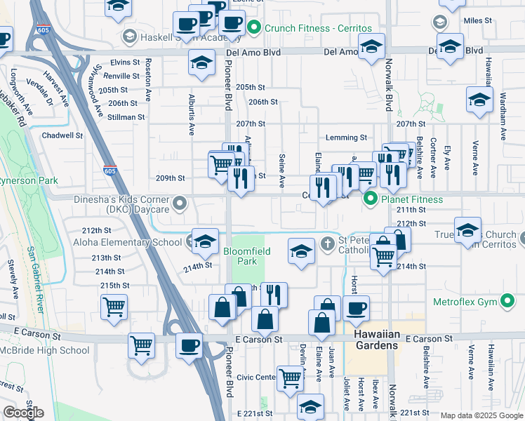 map of restaurants, bars, coffee shops, grocery stores, and more near 11844 Centralia Street in Lakewood