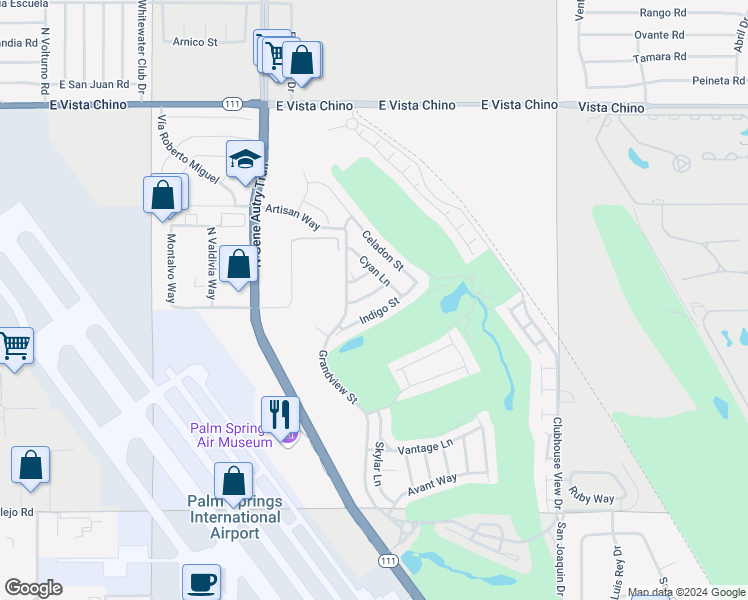 map of restaurants, bars, coffee shops, grocery stores, and more near 4210 Amber Lane in Palm Springs