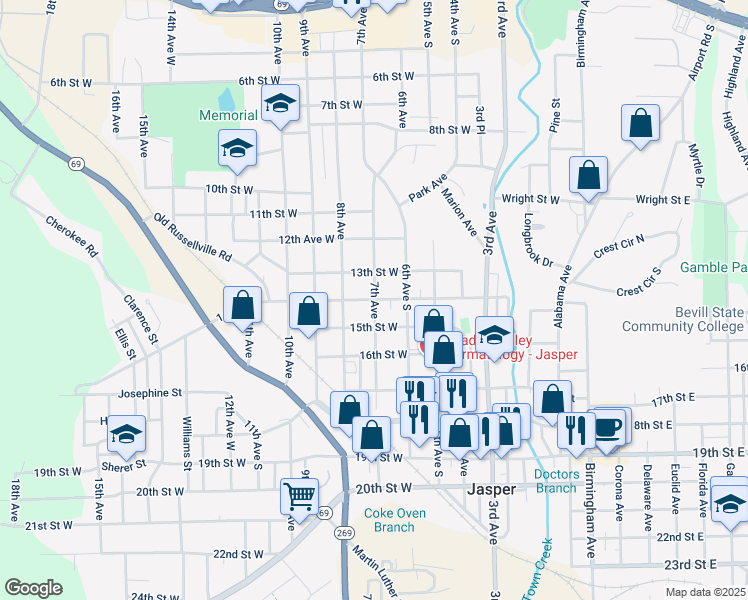 map of restaurants, bars, coffee shops, grocery stores, and more near 1400 7th Avenue in Jasper