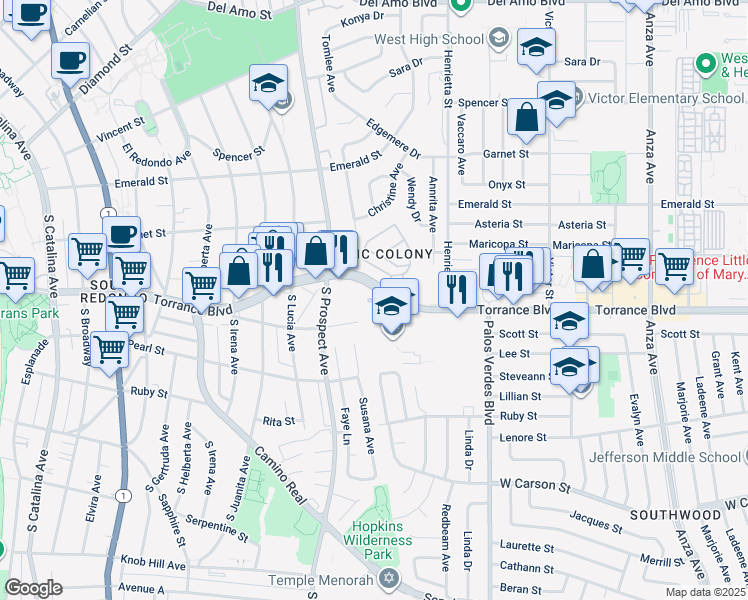 map of restaurants, bars, coffee shops, grocery stores, and more near 5500 Torrance Boulevard in Torrance