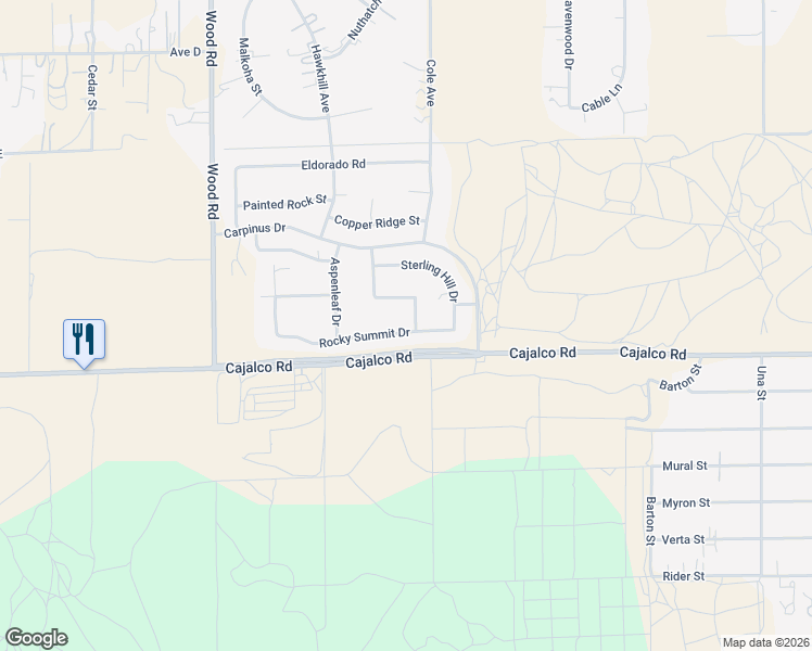 map of restaurants, bars, coffee shops, grocery stores, and more near 19389 Oak Creek Lane in Perris