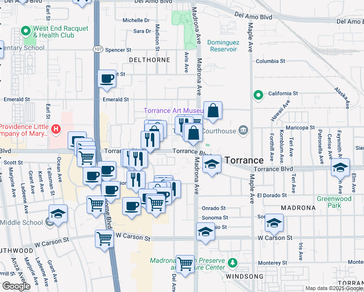 map of restaurants, bars, coffee shops, grocery stores, and more near 3415 Torrance Boulevard in Torrance