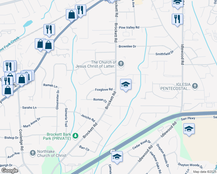 map of restaurants, bars, coffee shops, grocery stores, and more near 4014 Foxglove Road in Tucker