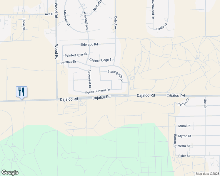 map of restaurants, bars, coffee shops, grocery stores, and more near 19389 Oak Creek Lane in Perris