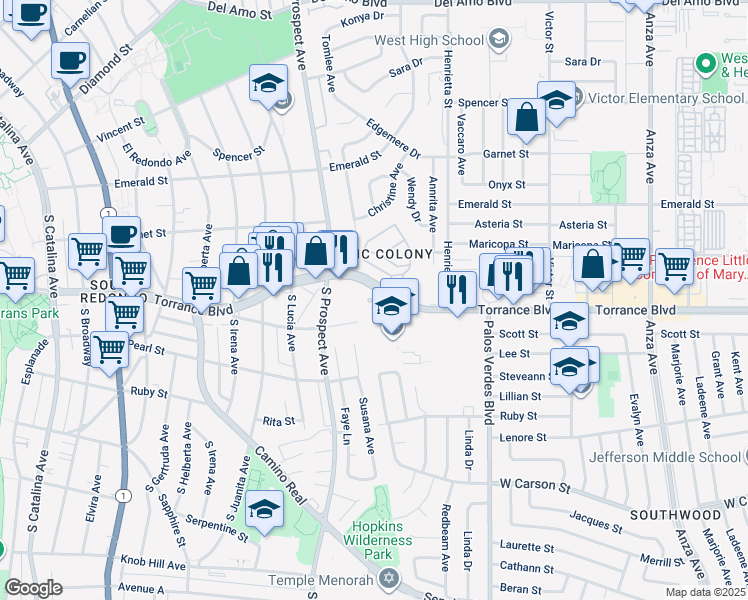 map of restaurants, bars, coffee shops, grocery stores, and more near 5500 Torrance Boulevard in Torrance