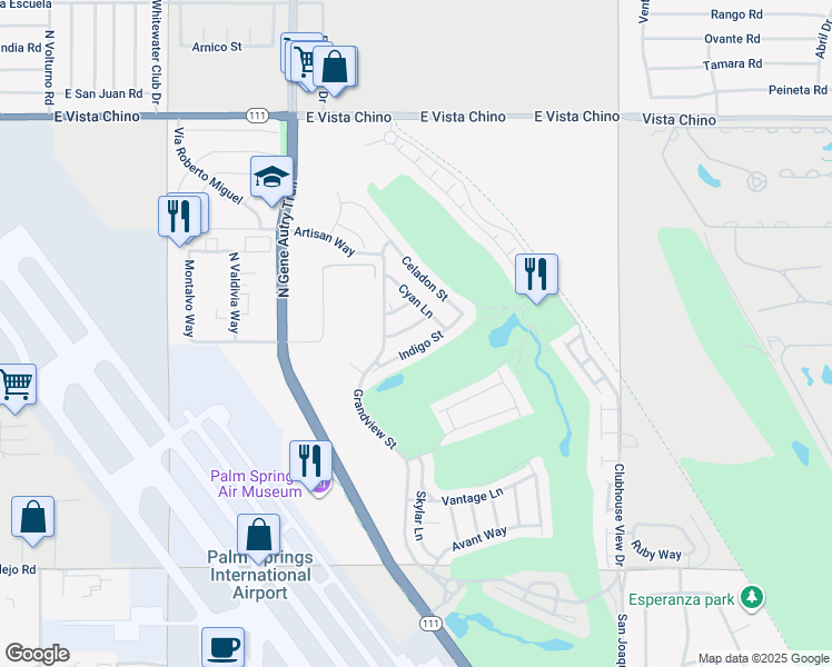 map of restaurants, bars, coffee shops, grocery stores, and more near 4210 Amber Lane in Palm Springs