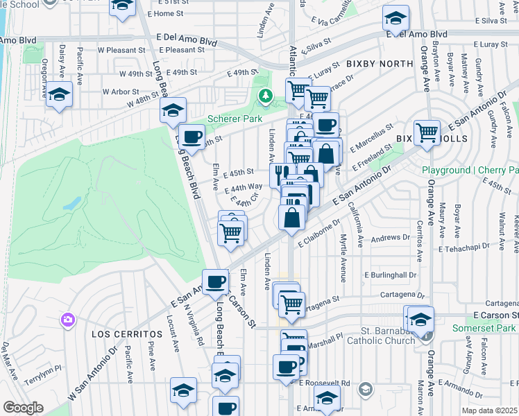 map of restaurants, bars, coffee shops, grocery stores, and more near 4437 Linden Avenue in Long Beach