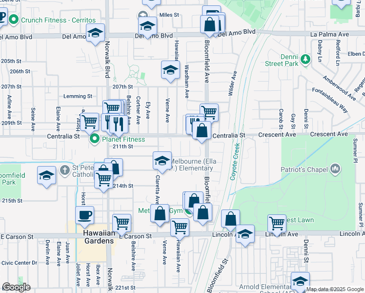 map of restaurants, bars, coffee shops, grocery stores, and more near 21022 Hawaiian Avenue in Lakewood