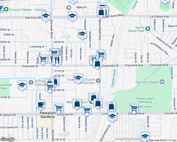 map of restaurants, bars, coffee shops, grocery stores, and more near 21022 Hawaiian Avenue in Lakewood