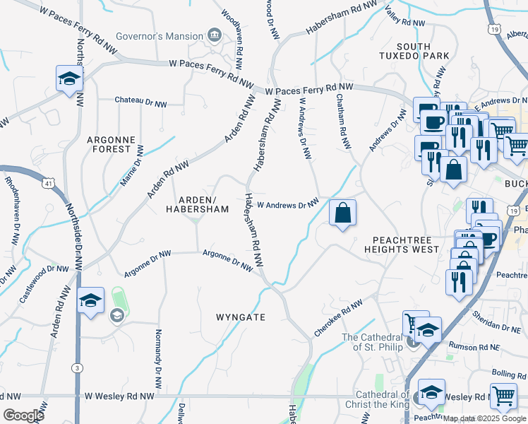 map of restaurants, bars, coffee shops, grocery stores, and more near 3051 Habersham Road Northwest in Atlanta