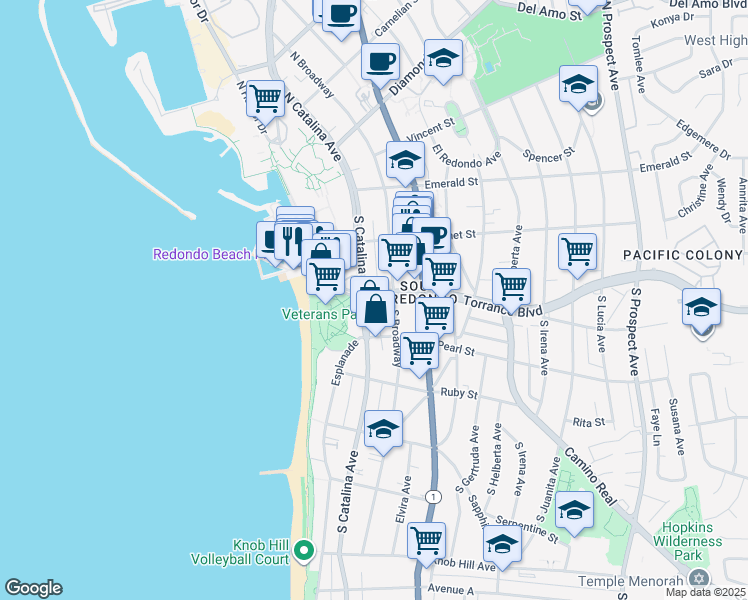 map of restaurants, bars, coffee shops, grocery stores, and more near 2 Torrance Boulevard in Redondo Beach
