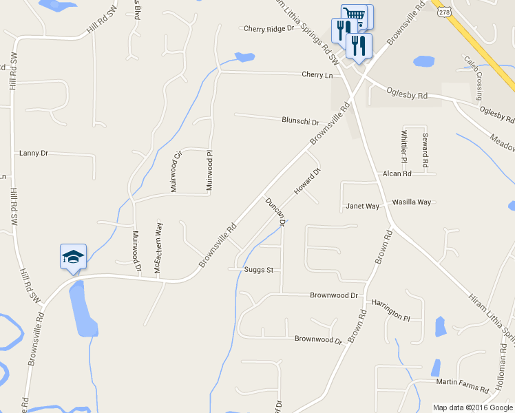 map of restaurants, bars, coffee shops, grocery stores, and more near 4781 Brownsville Road in Powder Springs