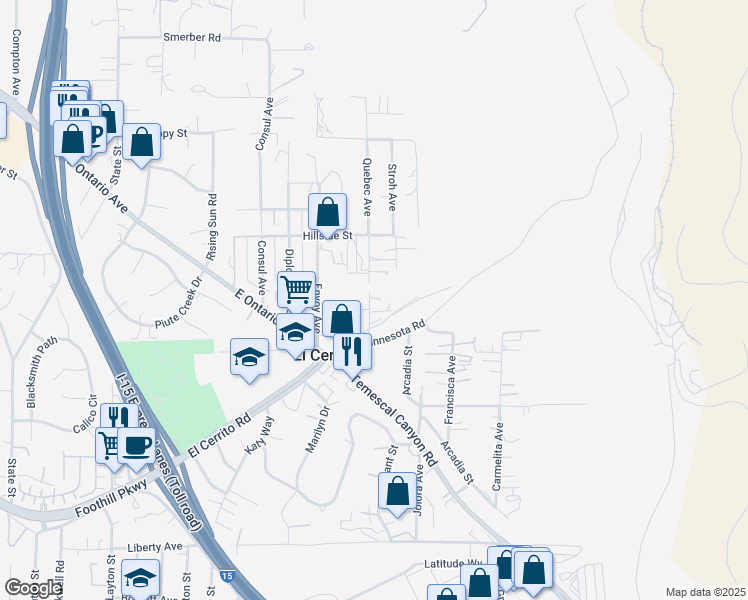 map of restaurants, bars, coffee shops, grocery stores, and more near 19380 Quebec Avenue in Corona
