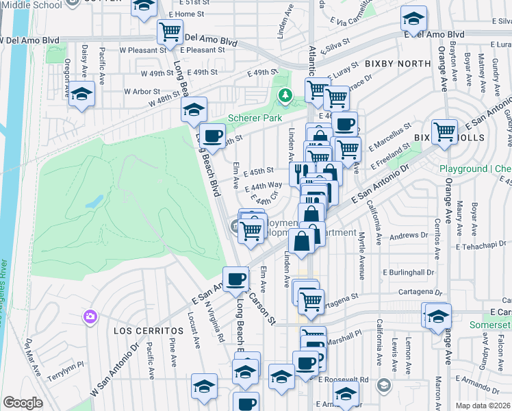 map of restaurants, bars, coffee shops, grocery stores, and more near 431 East 44th Circle in Long Beach